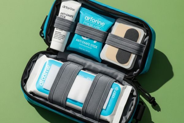 Anti-chafe stick, blister patches, and wipes packed neatly in a race kit.