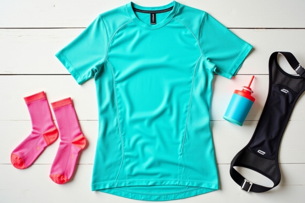 A flat lay of tropical running gear including a running shirt, socks, and hydration belt