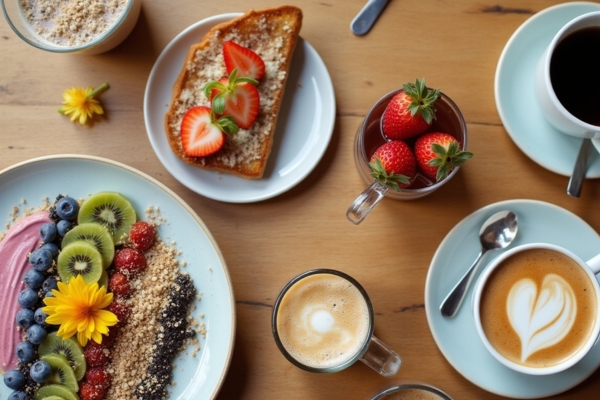 A bright flat lay of smoothie bowls, toast, and coffee on a wooden table at Nook Café.
